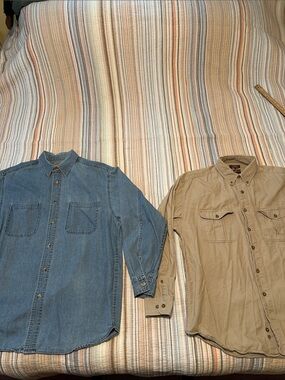 Pair of High Sierra Blue Denim and Tan Button-Down Casual Shirts